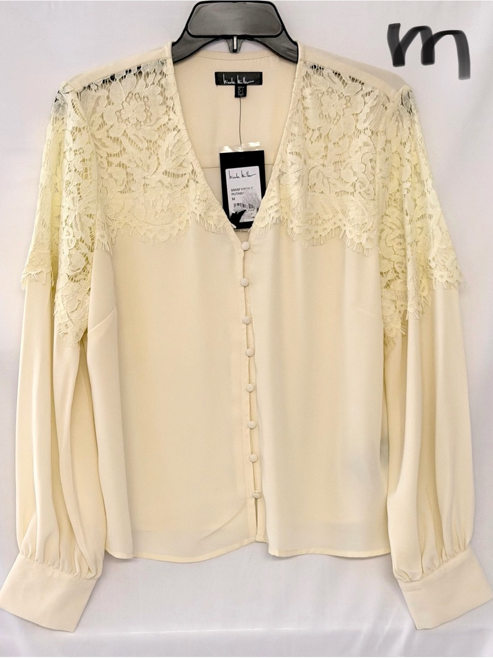Nicole Miller Cream Lace Yoke Button-Front Blouse